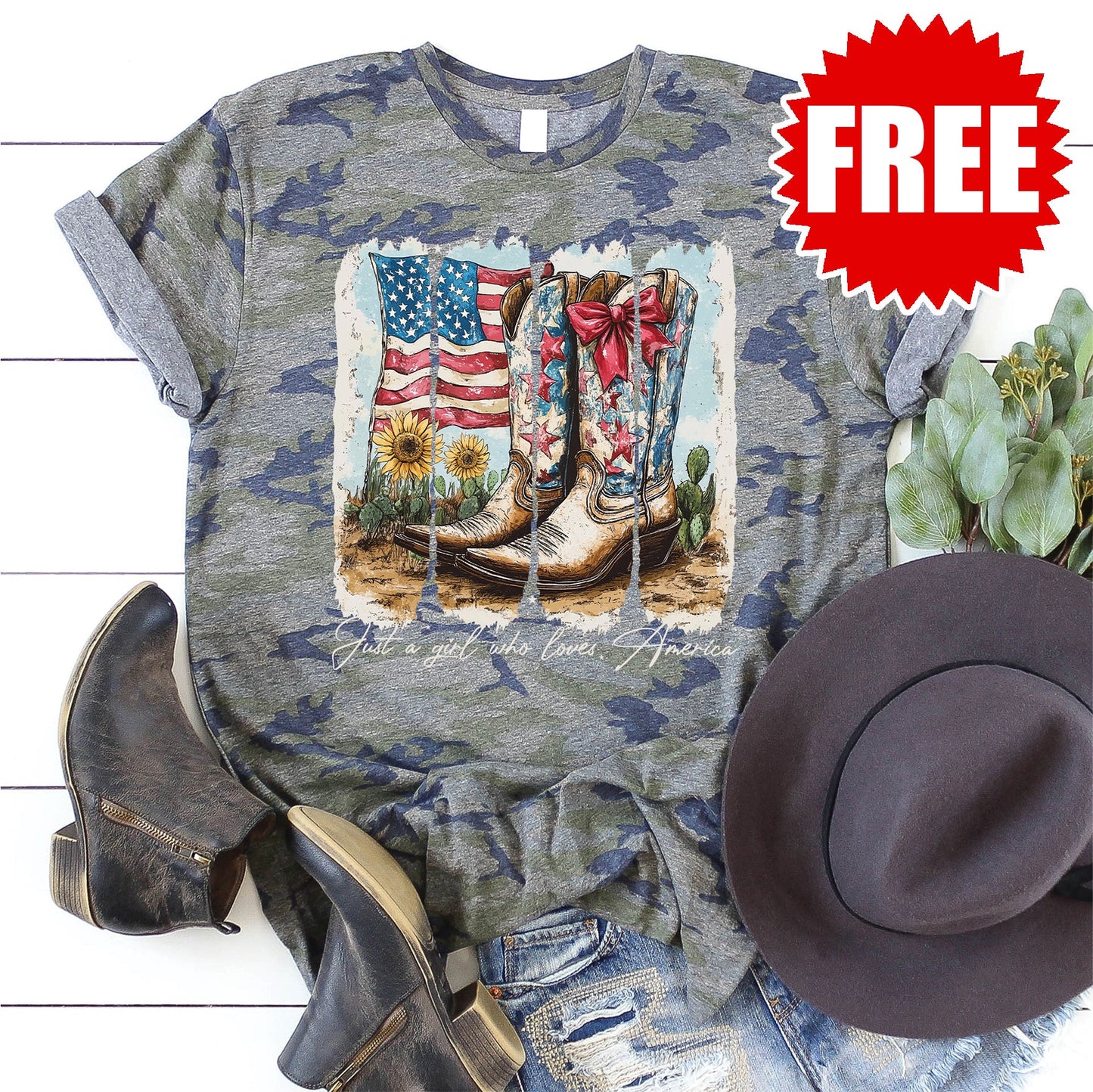 Just a Girl Who Loves America Tee - Vintage Camo - 0