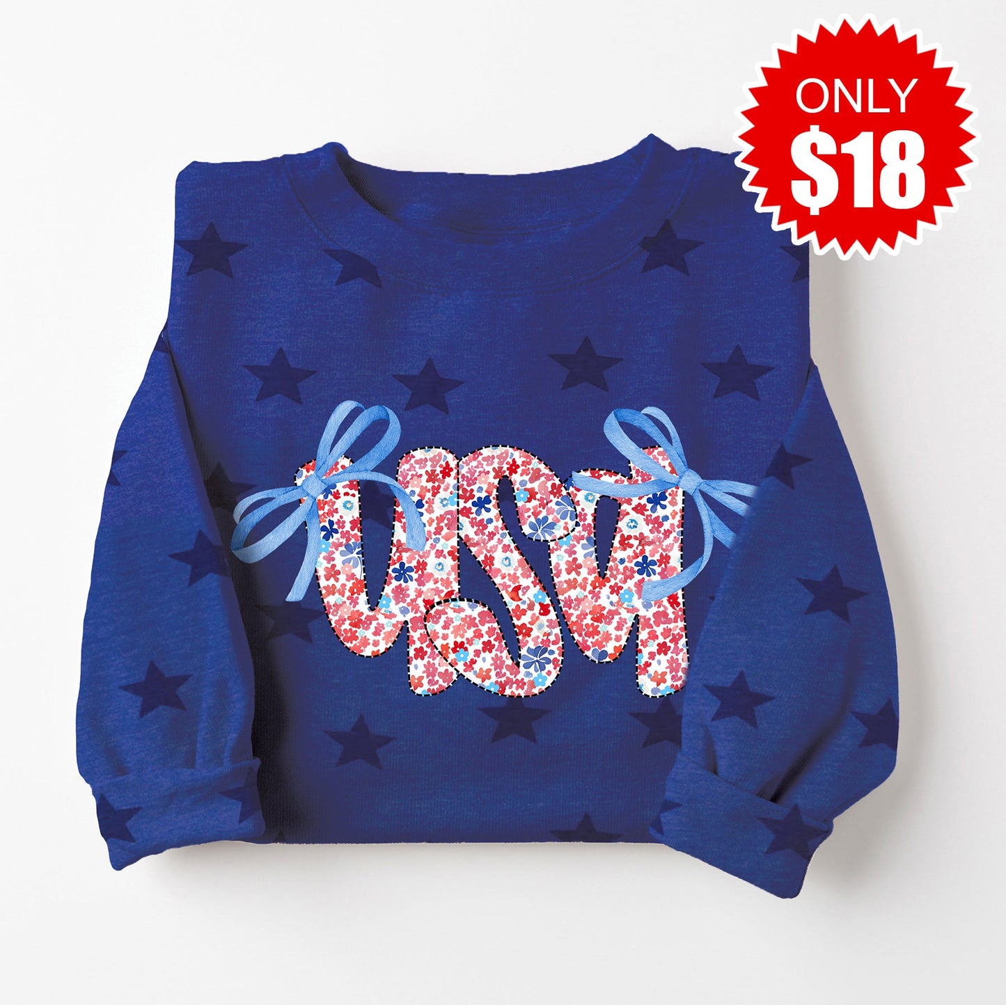Ribbon Floral USA Sweatshirt - Blue Star Print - 18