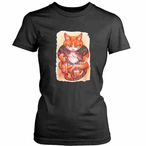 Grumpy Yakuza Cat Tattoo Womens T-Shirt Tee