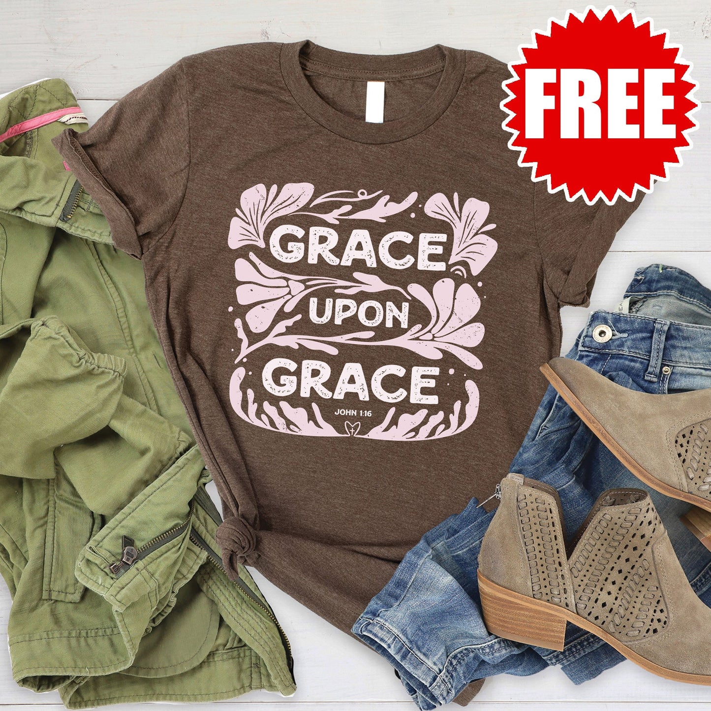 Grace Upon Grace Tee - Heather Brown - FREE