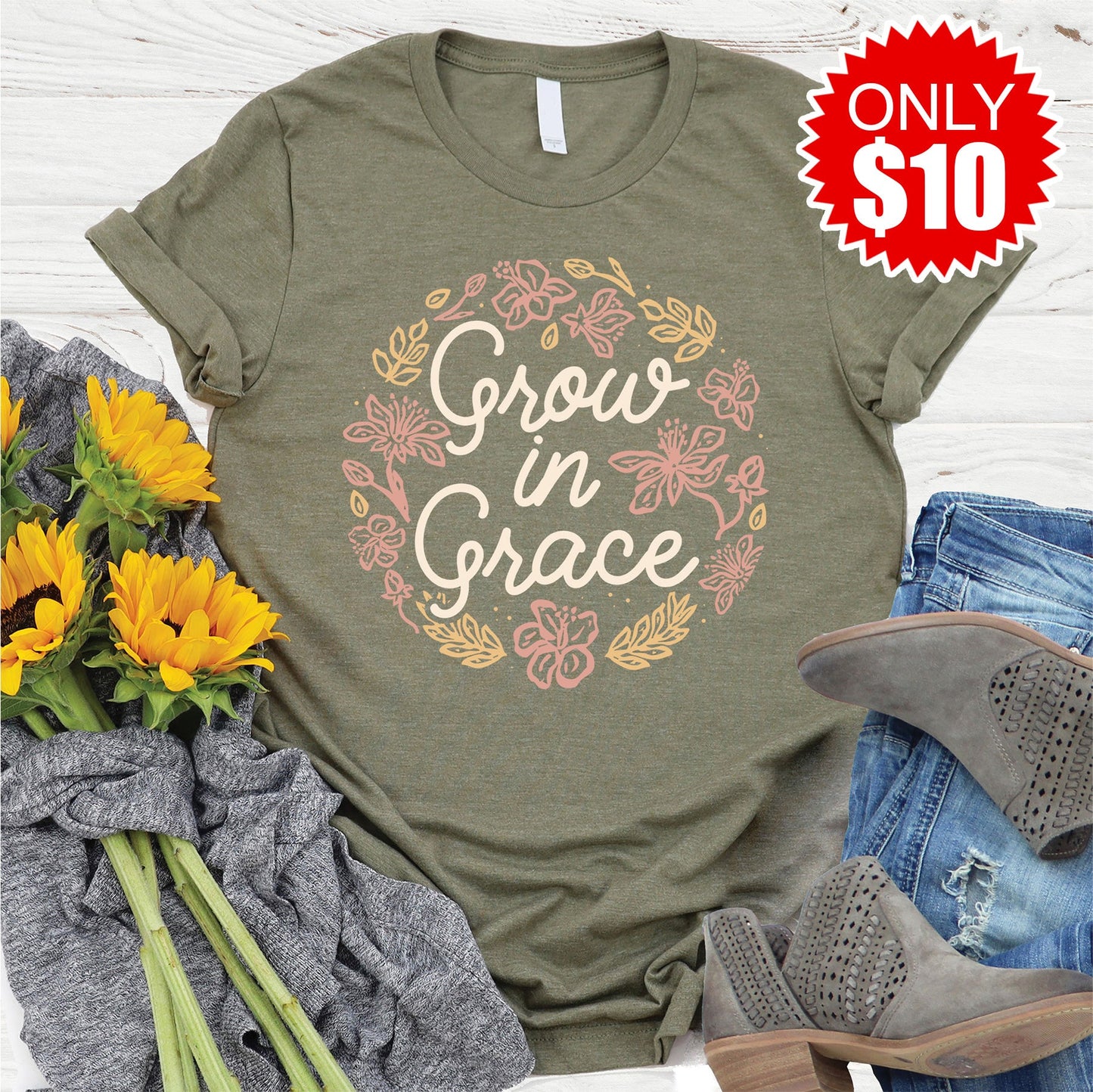 Grow In Grace Tee - Heather Olive