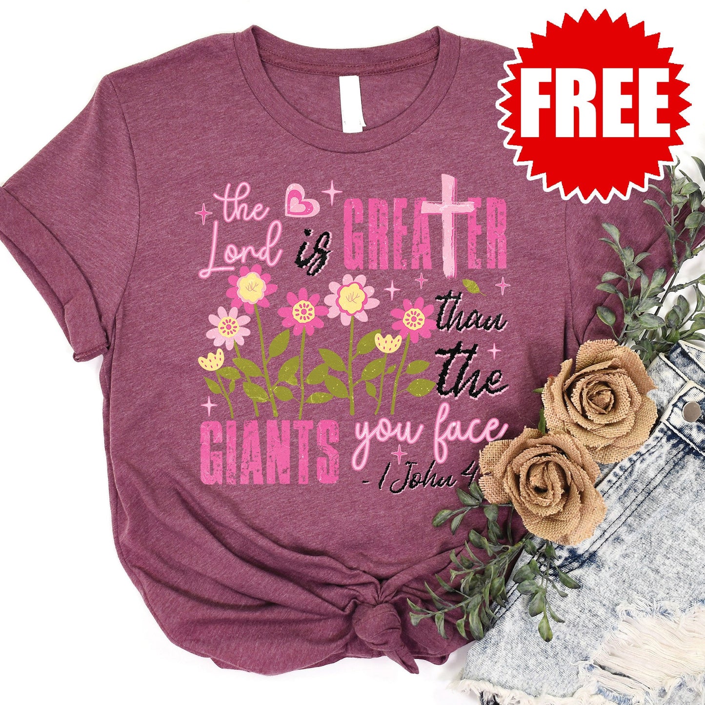 Greater Than The Giants Tee - Heather Burgundy - 0