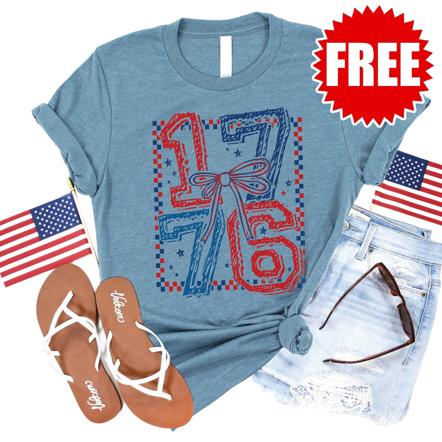 1776 Checker Tee - Heather Denim - FREE