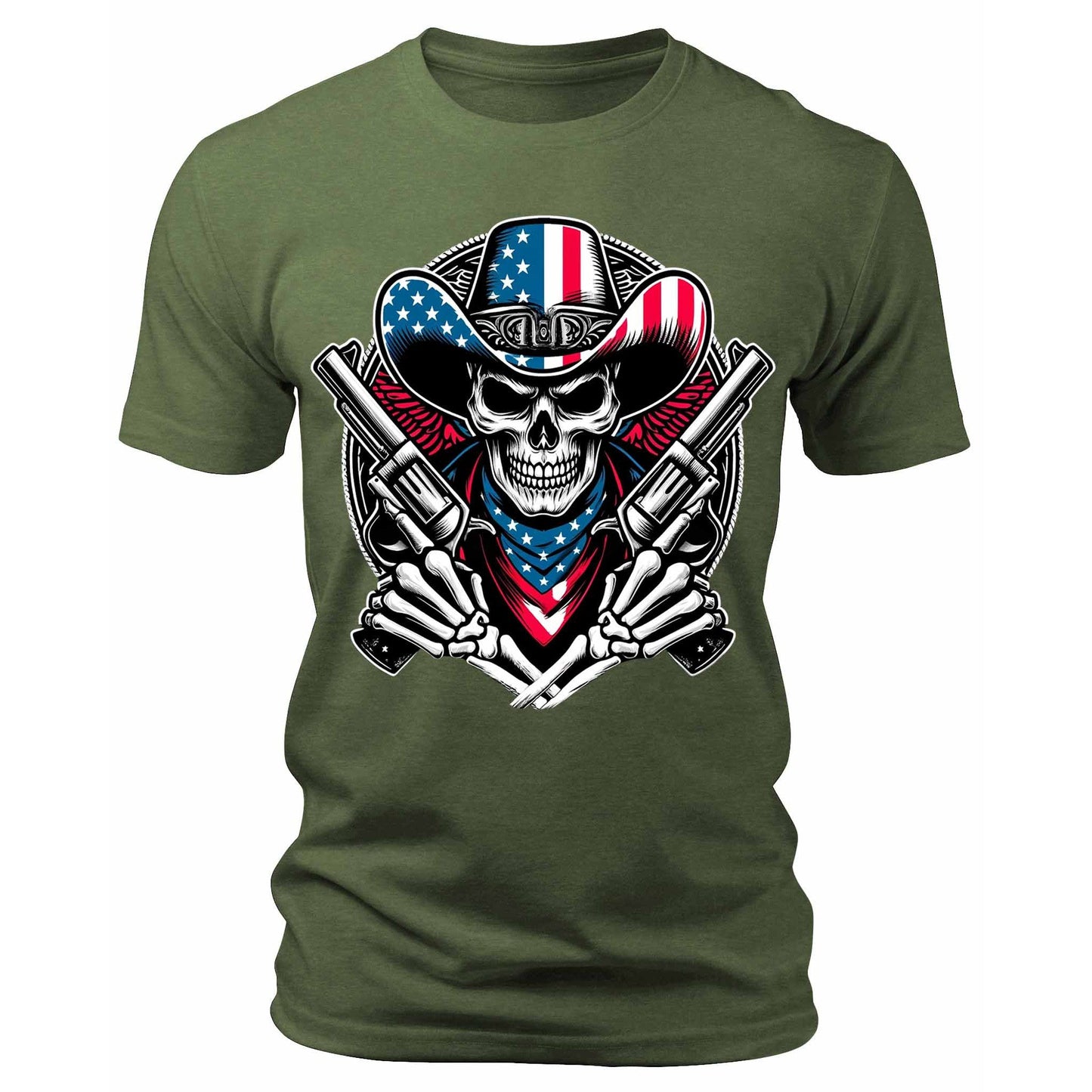 Men's Patriotic Skeleton Cowboy T-Shirts Short Sleeve Crewneck Graphic Tees