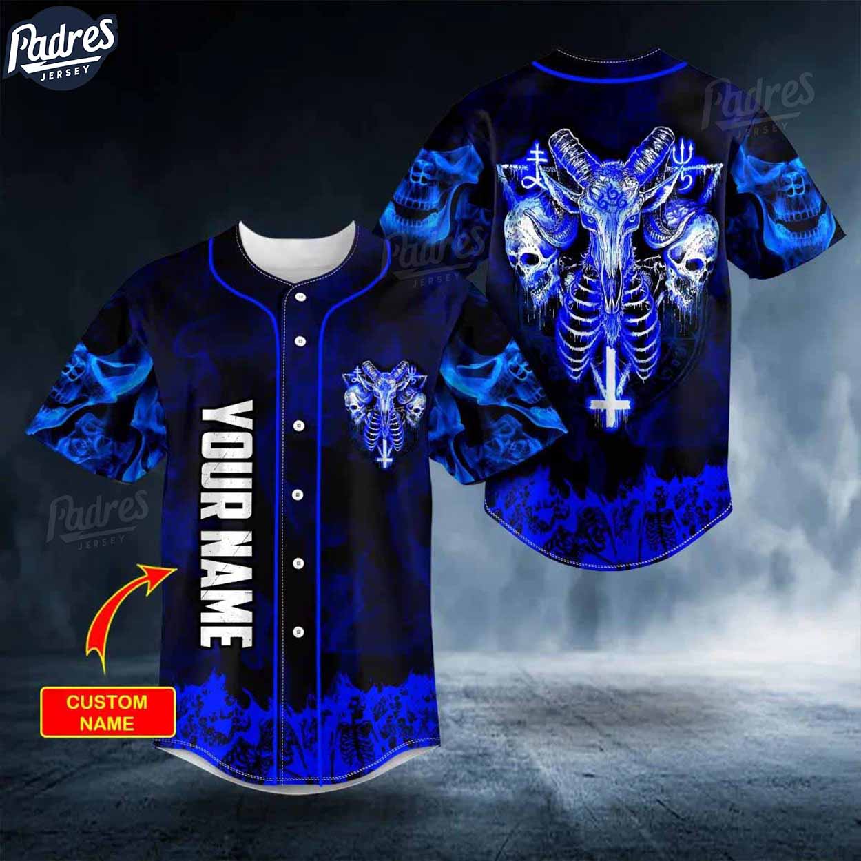 Personalized Blue Baphomet Evil Skull Baseball Jersey - Padres Jersey Oasis: Elevate Your Baseball Style Game