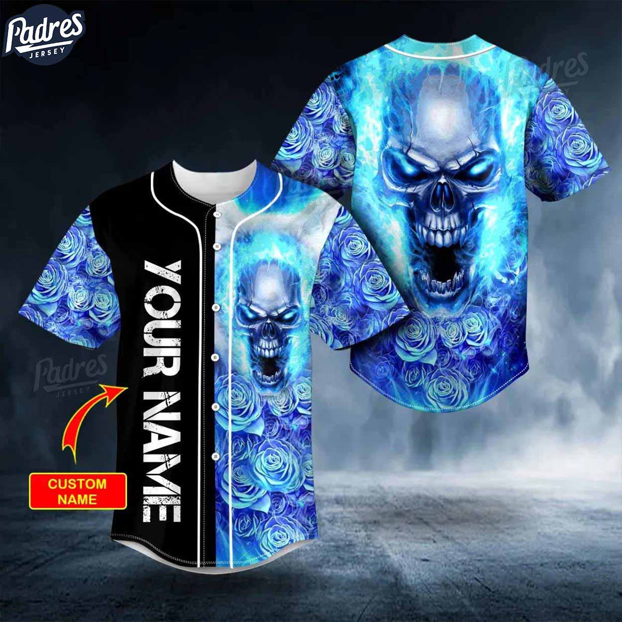 Personalized Blue Rose Burning Skull Baseball Jersey - Padres Jersey Oasis: Elevate Your Baseball Style Game