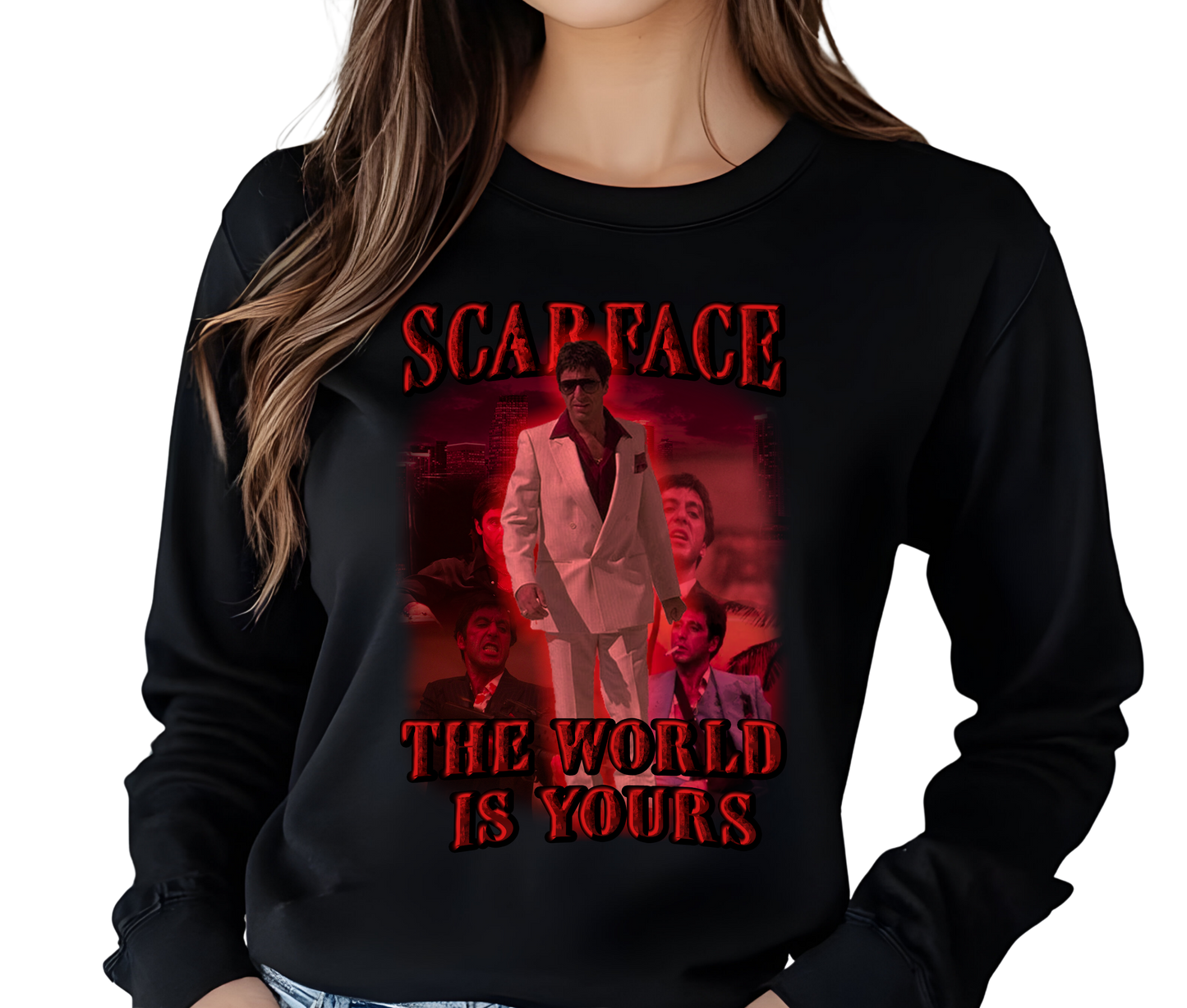Scarface The World Is Yours Long Sleeve T-Shirt – Vintage Gangster Movie Shirt, Retro Streetwear for Film Fans