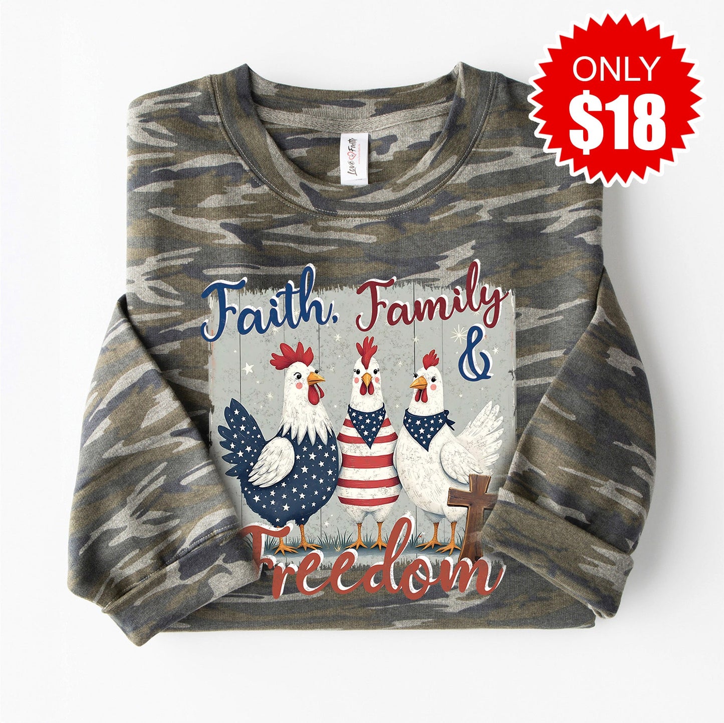 Faith, Feathers, & Freedom Sweatshirt - Vintage Camo - 18