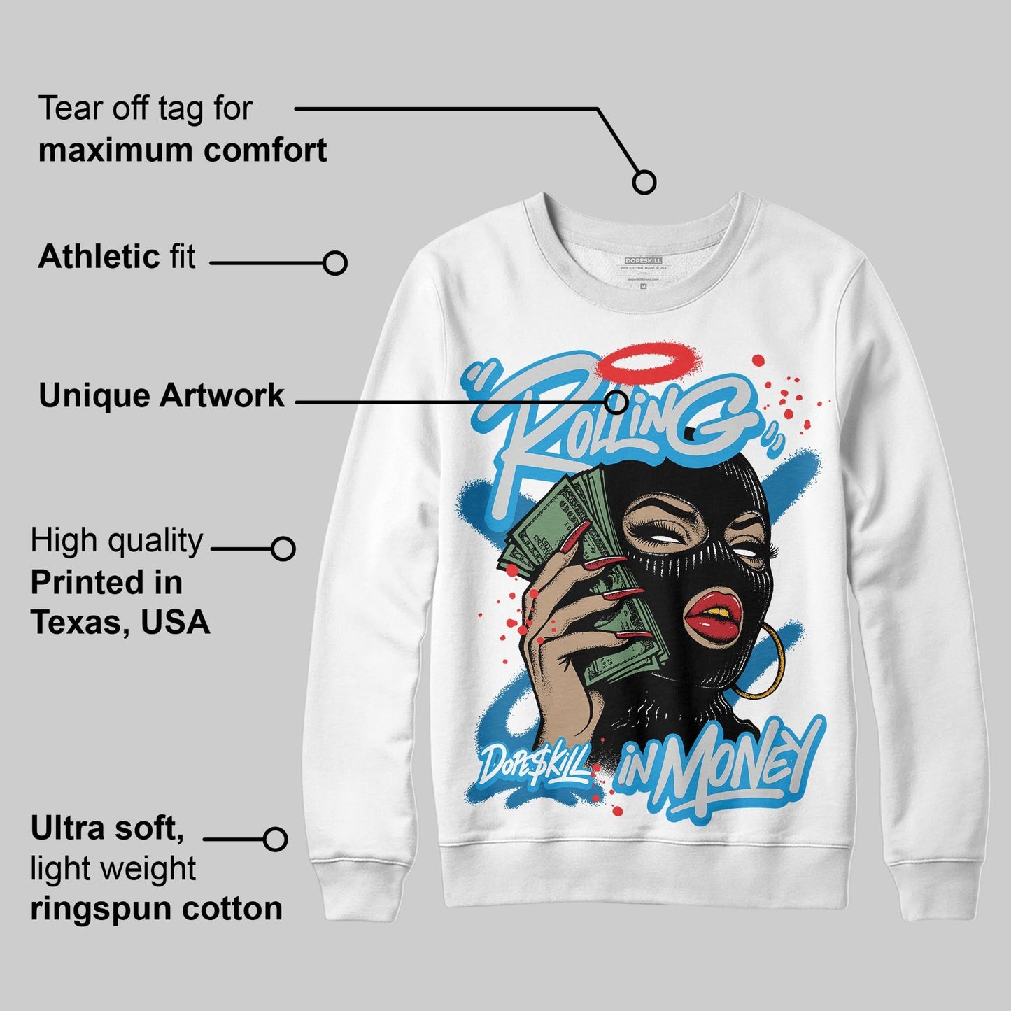 Military Blue 4s DopeSkill Sweatshirt Rolling in Money Graphic