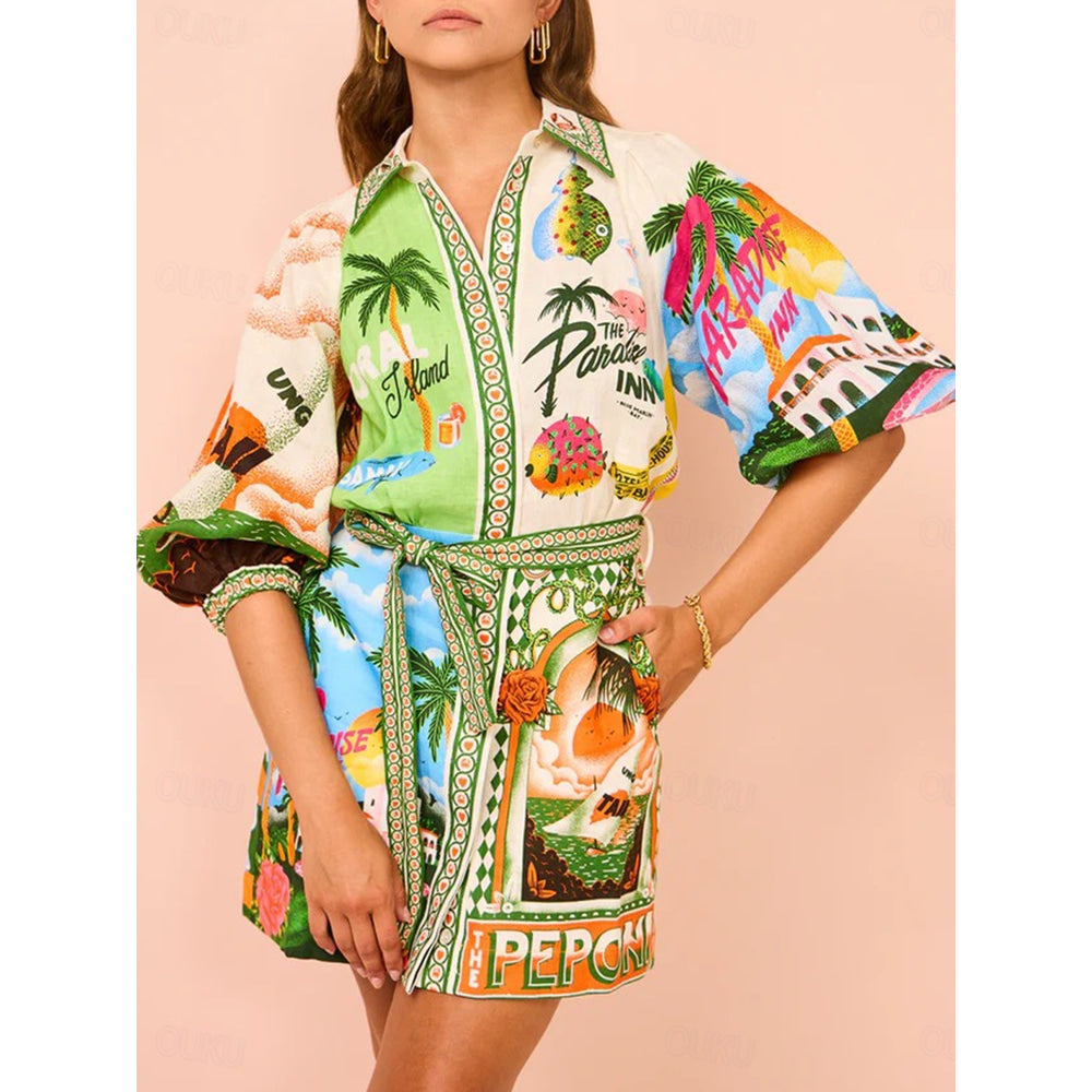 Women's Mini Dress Wrap Dress Summer Dress Puff Sleeve Dress Vacation Birthday Vacation Daily Regular Fit Graphic Short Sleeve Shirt Collar Green Summer