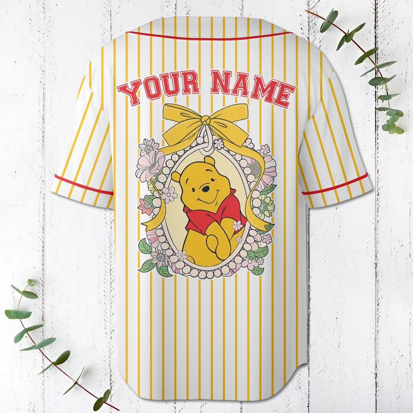 Custom Name And Number Coquette Bow Winnie Pooh Baseball Jersey
