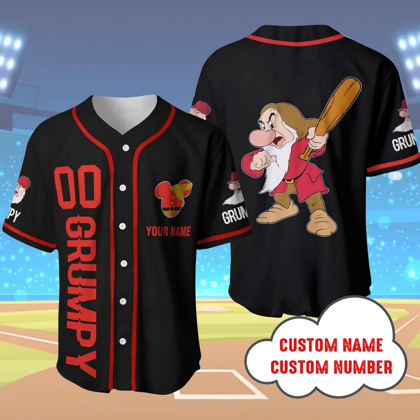 Custom Name And Number Disney Grumpy Dwarf Baseball Jersey