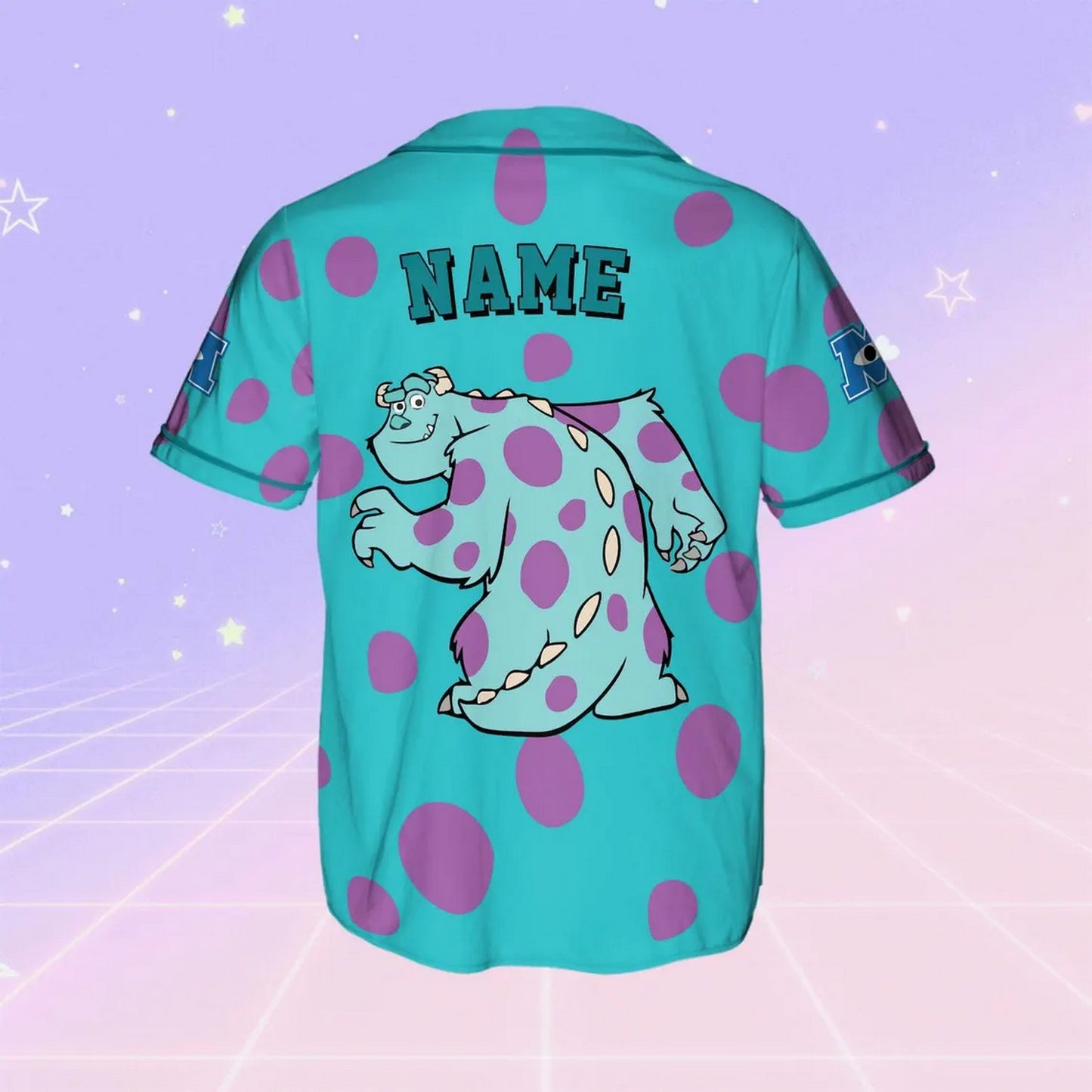 Custom Name And Number Disney Monsters Inc Sullivan Blue And Purle Polka Dots Baseball Jersey