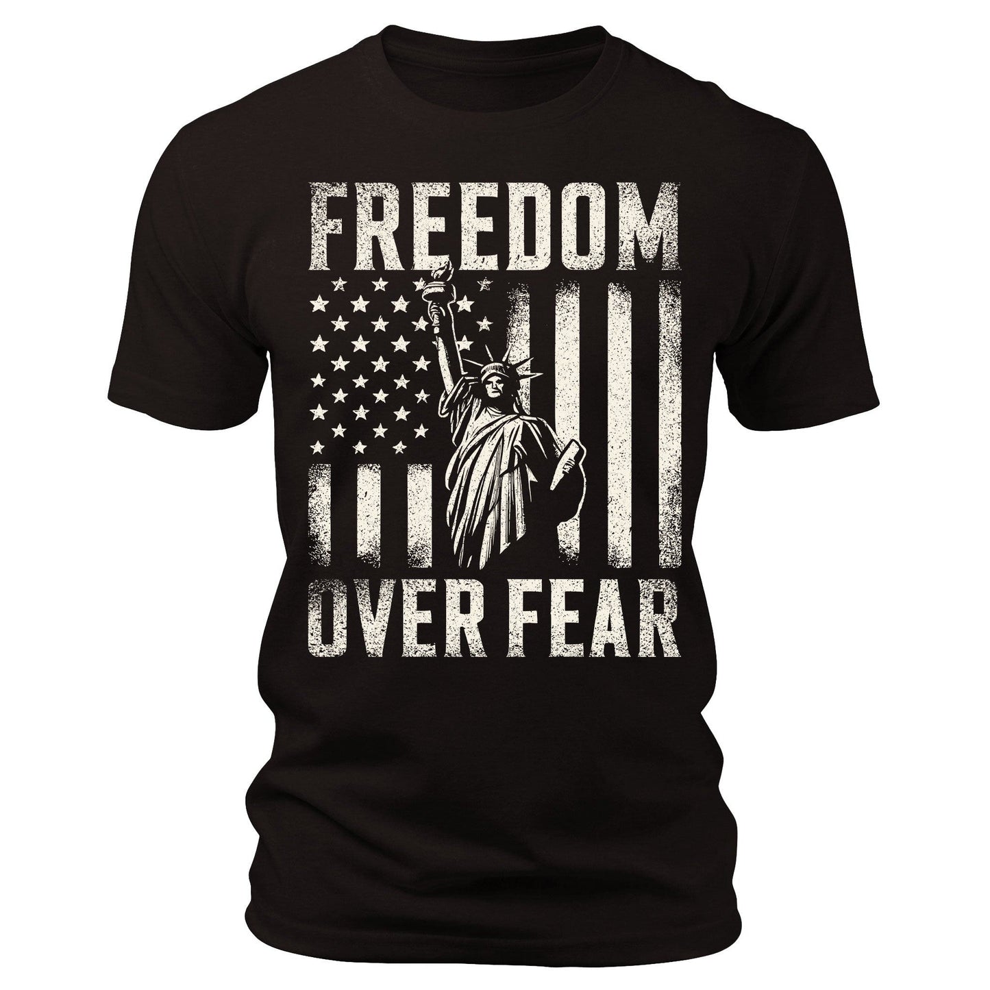 Men's Freedom Over Fear Lady Liberty T-Shirts Patriotic Short Sleeve Crewneck Graphic Tees