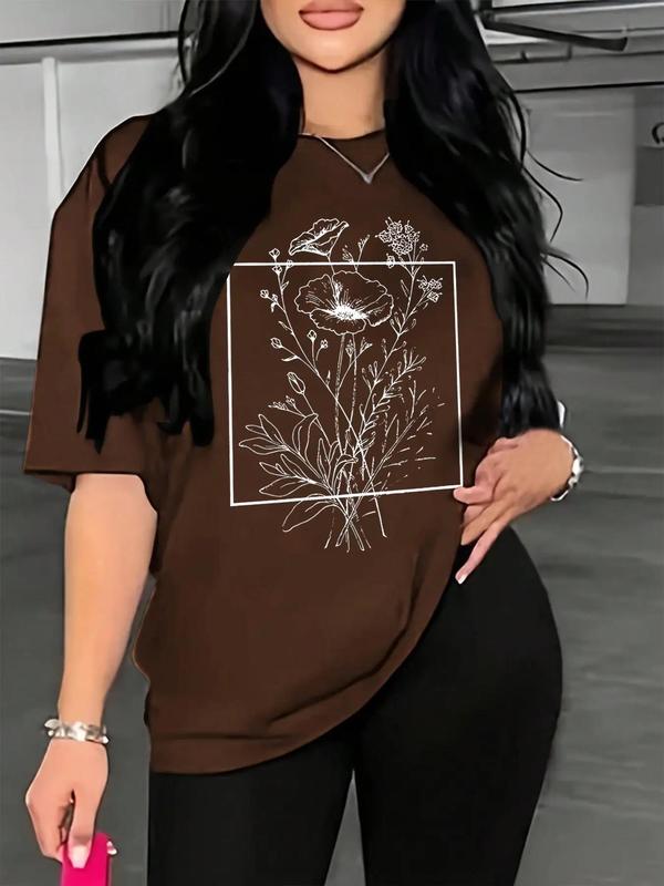 Women's Back To School Floral Print Drop Shoulder Tee, Summer Clothes Women, Casual Half Sleeve Round Neck T-Shirt for Summer, Summer Outfits, Graphic