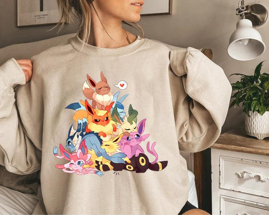 Eevee Eeveelution Sweatshirt - Slyveon, Umbreon, Espeon, Flareon, Vintage Anime Design, Blend, Comfortable Fit, Gift for Anime Lovers