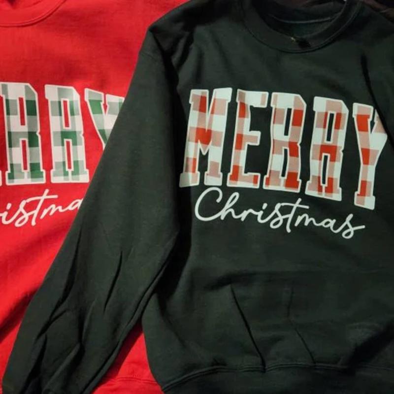Merry Christmas Buffalo Plaid Sweatshirt - Cute Xmas Family Crewneck, Winter Holiday Gift for Her, Women’s Christmas Sweater, Gift for Best Friend, Gi