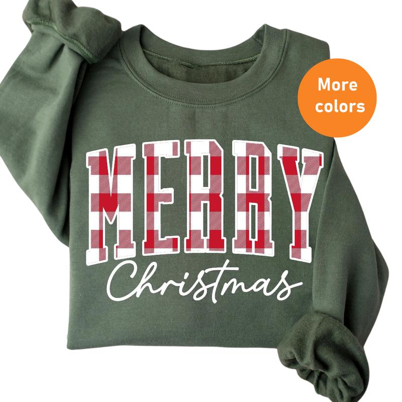 Merry Christmas Buffalo Plaid Sweatshirt - Cute Xmas Family Crewneck, Winter Holiday Gift for Her, Women’s Christmas Sweater, Gift for Best Friend, Gi