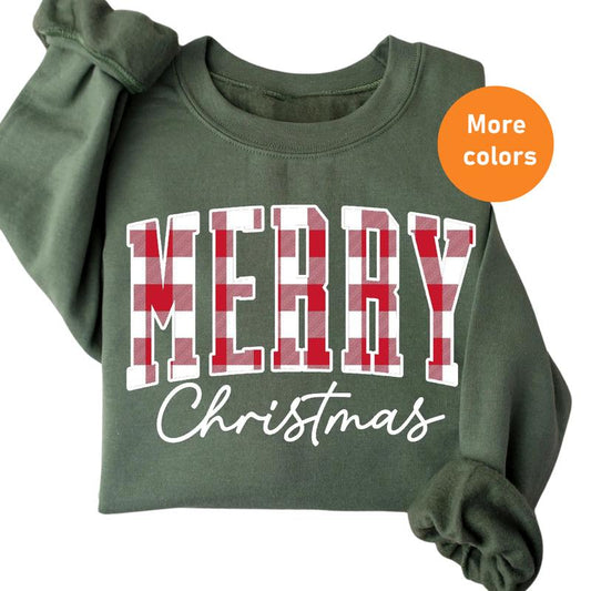 Merry Christmas Buffalo Plaid Sweatshirt - Cute Xmas Family Crewneck, Winter Holiday Gift for Her, Women’s Christmas Sweater, Gift for Best Friend, Gi