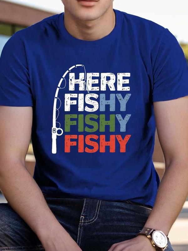 Men's Fishing Rod & Letter Print Round Neck Tee, Regular Fit Casual Graphic Short Sleeve T-shirt, Men's Top for Summer Daily Wear