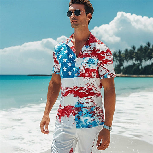 American Independence Day Men's American Flag Button Up Shirt Printed Shirts Short Sleeve Hawaiian Resort Vacation Holiday Daily Wear Summer Cuban Collar Print Button-Down Blue Purple Green