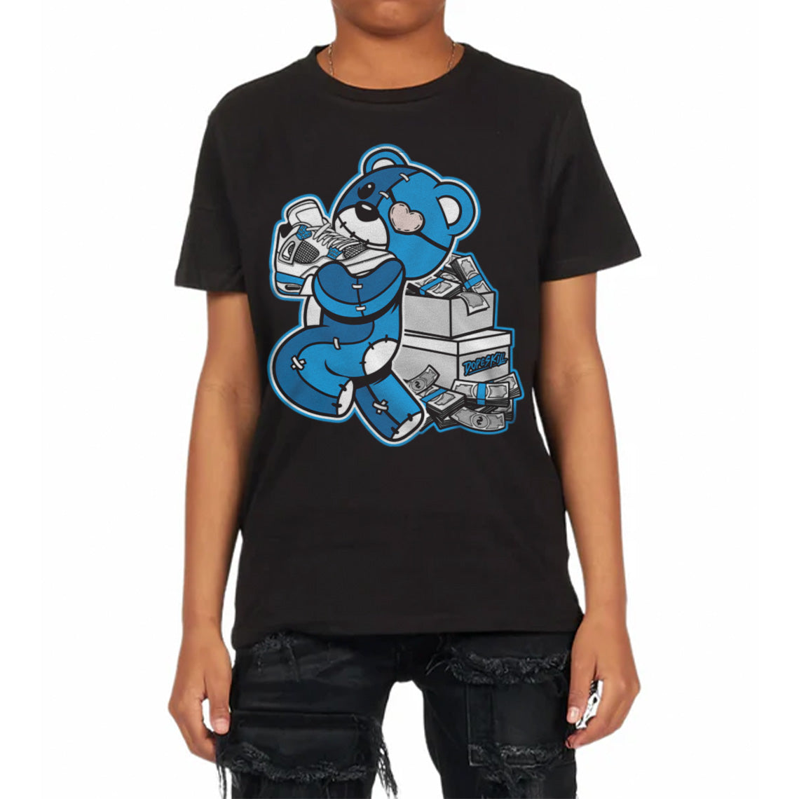 Military Blue 4s DopeSkill Toddler Kids T-shirt Bear Steals Sneaker Graphic