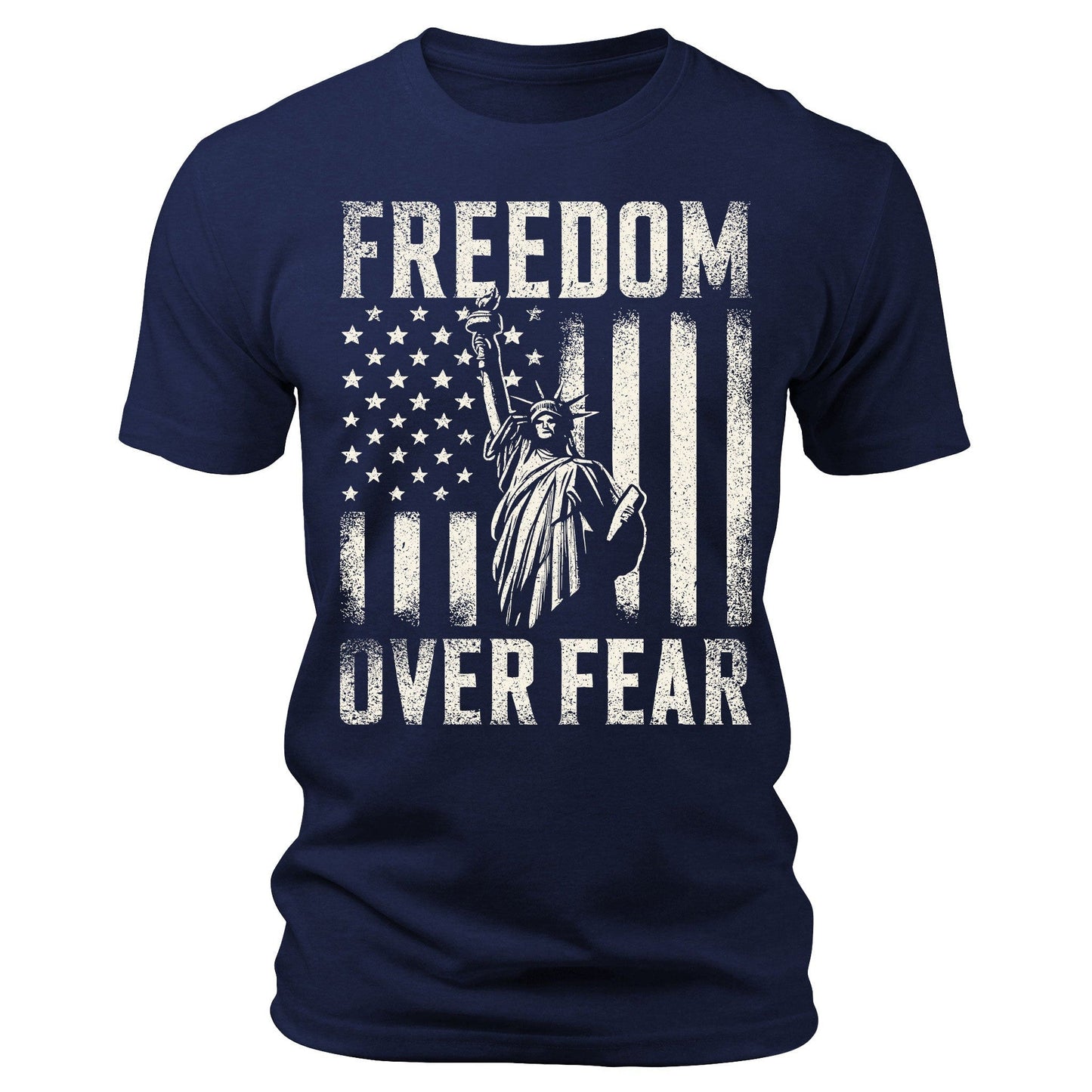 Men's Freedom Over Fear Lady Liberty T-Shirts Patriotic Short Sleeve Crewneck Graphic Tees