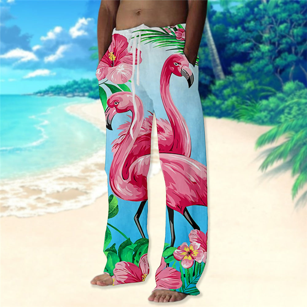 Men's Trousers Summer Pants Beach Pants Drawstring Elastic Waist Straight Leg Animal Flamingo Graphic Prints Comfort Casual Daily Holiday Streetwear Hawaiian Pink Blue