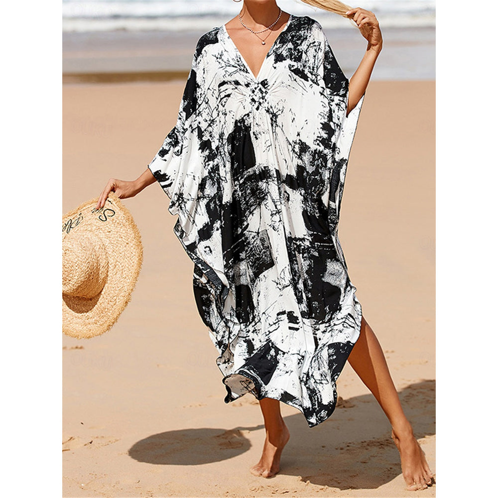 Women's Cover Up Graphic Leaf Print V Neck Long Dress Maxi Dress Hawaiian Vacation Beach 3/4 Length Sleeve Summer