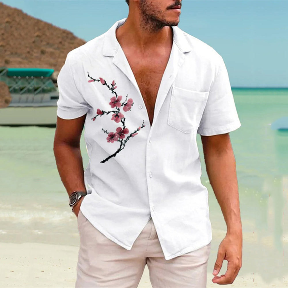 Men's Shirt Cotton Linen Shirt White Cotton Shirt Summer Shirt Casual Shirt Beach Shirt Graphic Street Hawaiian White Purple Short Sleeves Turndown Summer Clothing Apparel Print