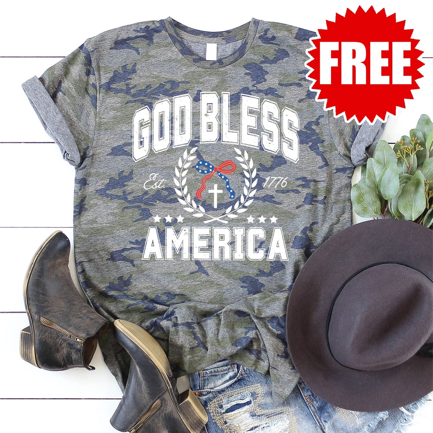 God Bless America Varsity Tee - Vintage Camo - 0