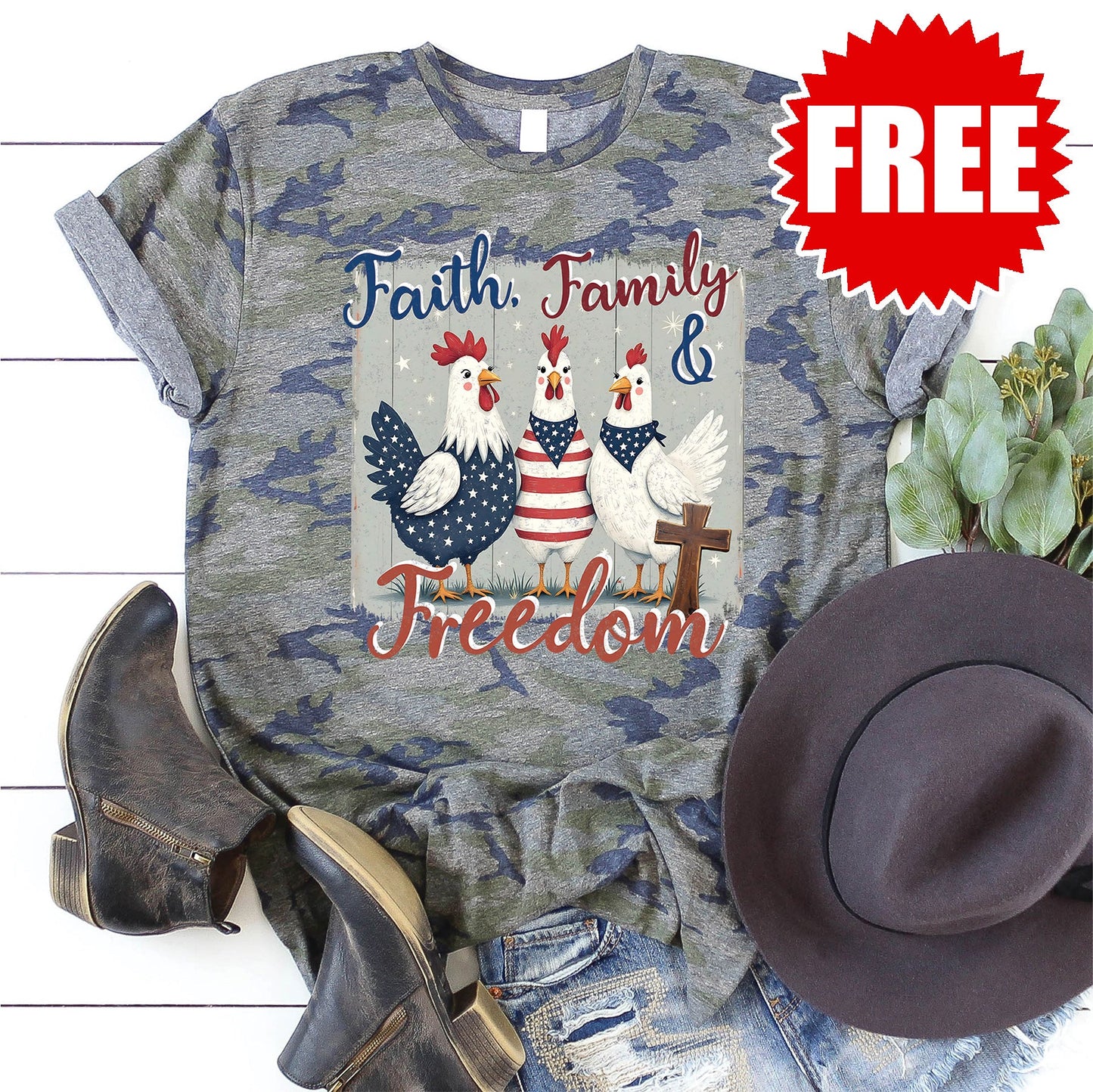 Faith, Feathers, & Freedom Tee - Vintage Camo - 0
