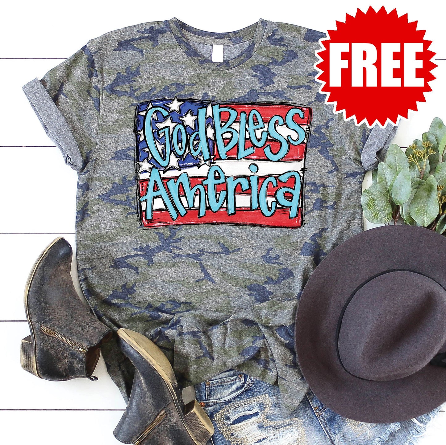 God Bless America Flag Tee - Vintage Camo - 0