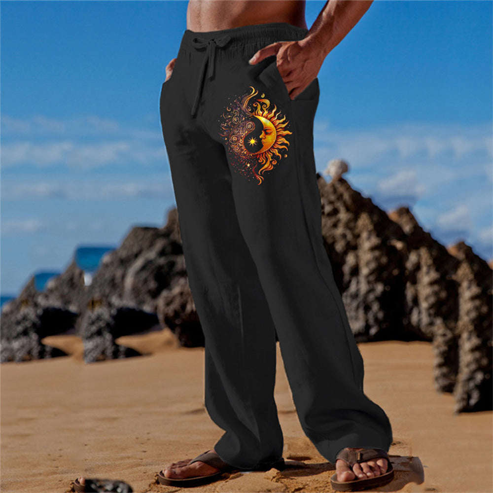 Men's Trousers Summer Pants Beach Pants Drawstring Elastic Waist 3D Print Sun Graphic Prints Comfort Casual Daily Holiday Streetwear Hawaiian Black Black Green Micro-elastic