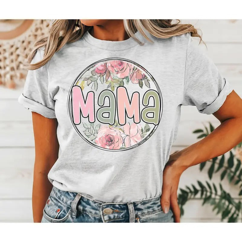 #036 - Mama Floral Pretty - Print Unisex Crew neck Tee T-shirt Hoodie, Sweatshirt | HypeCrazeTee.com
