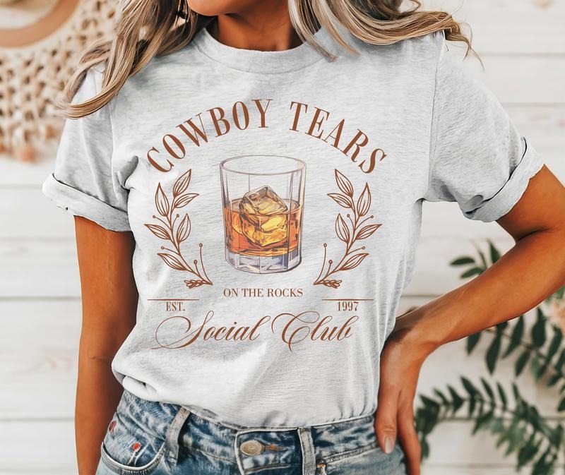 #072 - Cowboy Tears On the Rocks Social Club - Western Print Unisex Crew neck Tee T-shirt Hoodie, Sweatshirt