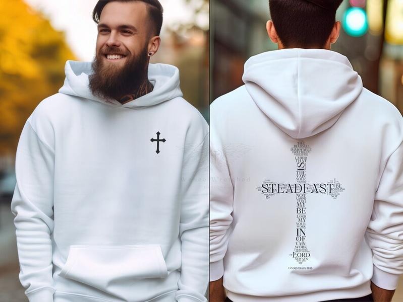 1 Corinthians 15:58 Bible verse words on back cross hoodie, Christian faith hoodie, trendy Christian hoodie, Christian...