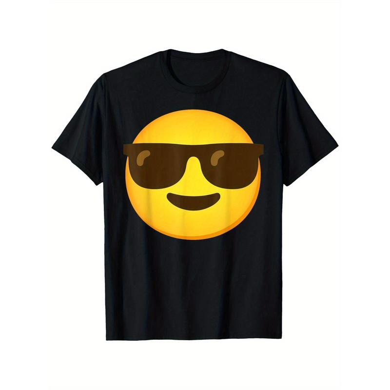 1-Pack Cool Smiling Face with Fashion Glasses Graphic Tee - Black Casual Round Neck T-Shirt for , Soft & Comfortable Fit,...