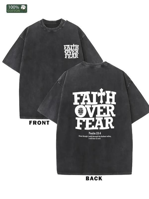 1 piece, 230G double-sided washed belief over fear printed T-shirt, high-quality batik cotton retro fashion brand...