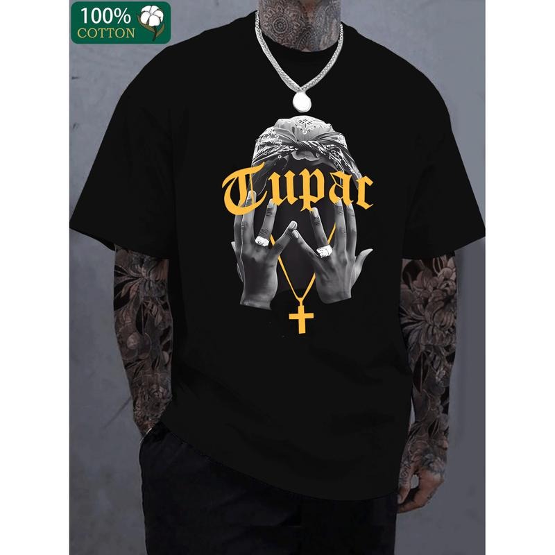 [100% Cotton] [100% Cotton] Mens 220G Thick Cotton T Shirt Black Graphic Tee With Letter Print Short Sleeve Round Neck...