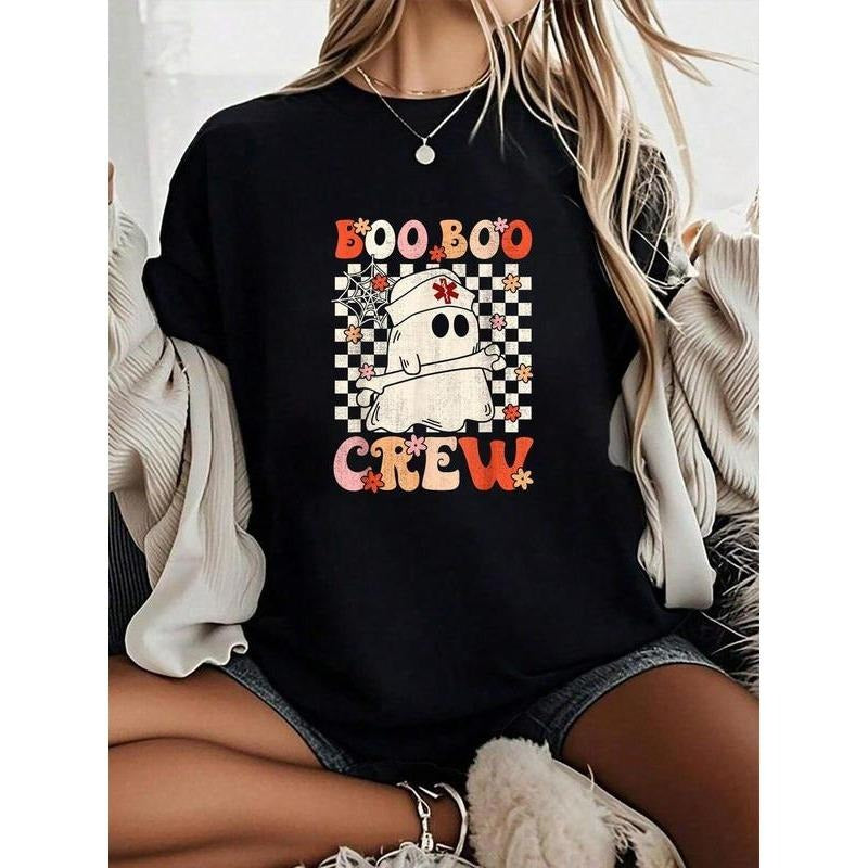 [100% Cotton] 100% Cotton Unisex Groovy Boo Boo Crew Nurse Ghost Paramedic EMT EMS Halloween T-Shirt 180g Printed Round...