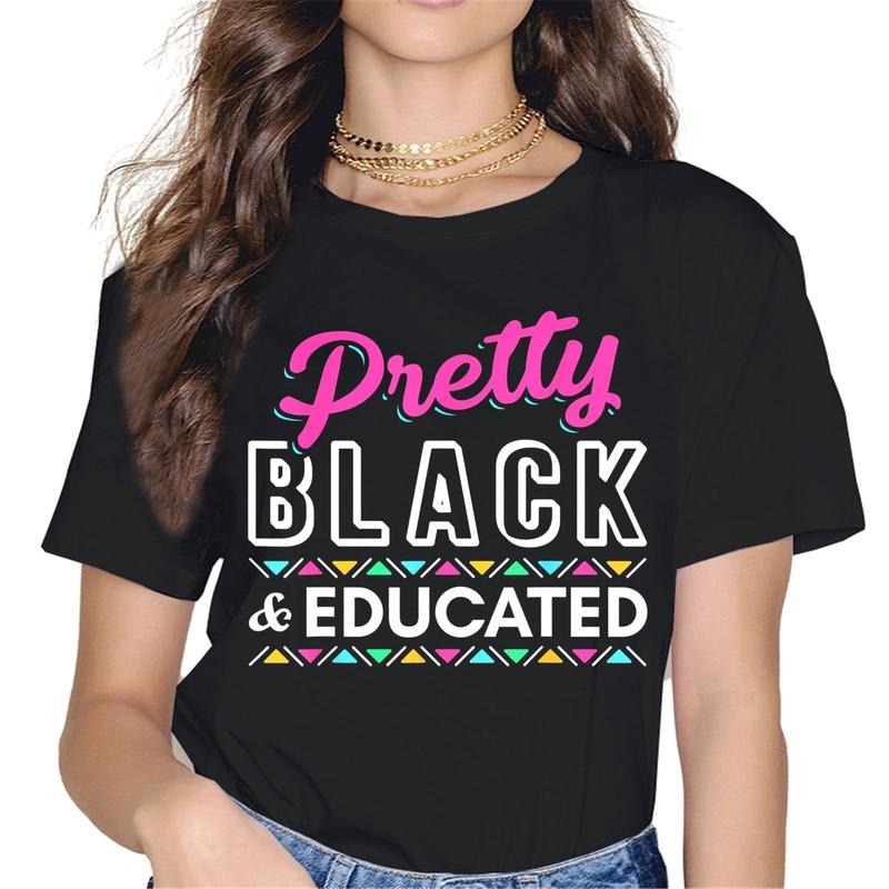 [100% Cotton] African American Month Women Tops T-Shirt Pretty and Educated Graphics Shirt Casual Short Sleeve Crew Neck...