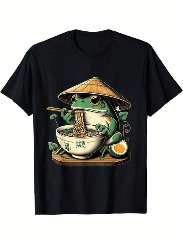 [100% Cotton] Black Cotton Kawaii Frog Eating Ramen Cute Neko Japanese Noodles Anime Lovers Graphic T-Shirt for Men...