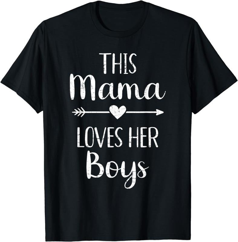 [100% Cotton] Black T-Shirt With White Text This Mama Loves Her Boys Heart Arrow Design Casual Comfort Fit Hoodie, Sweatshirt
