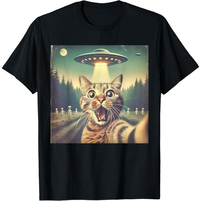 [100% Cotton] Cat UFO Selfie Art Funny Cat Alien T-Shirt Hoodie, Sweatshirt | HypeCrazeTee.com