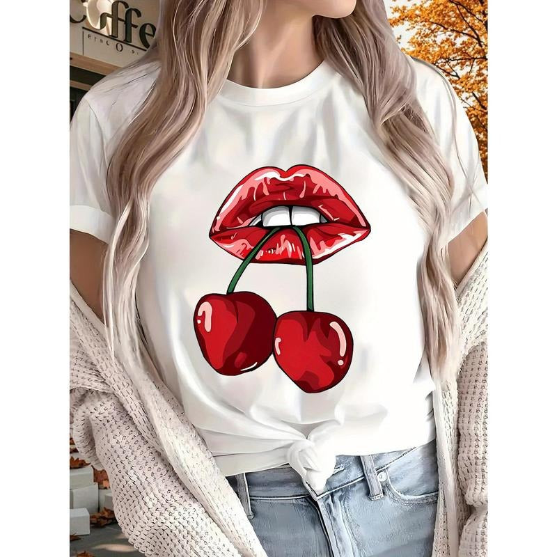 [100% Cotton] Cherry New Women'S Printed T-Shirt, Short Sleeves, Four Seasons Can Be Worn For Outdoor, Home, Sports Top...