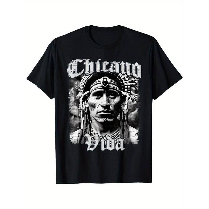 [100% Cotton] Chicano Vida retro Aztec Native American Mexican T-shirt. Men's personalized design Hoodie, Sweatshirt
