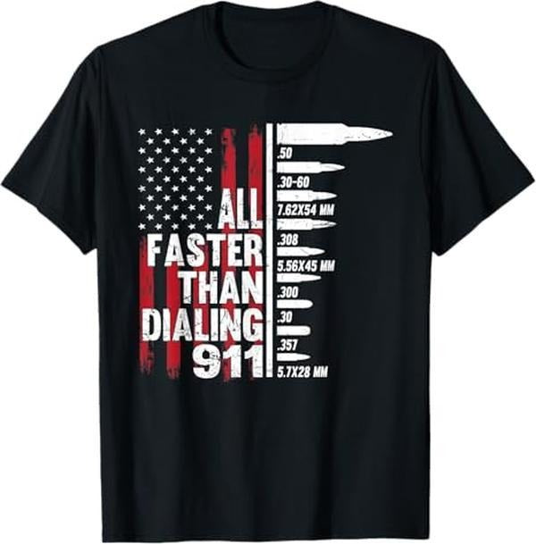 [100% Cotton] Cotton Short Sleeve  T-Shirt Men's "All Faster Than Dialing 911" Graphic T-Shirt - Patriotic American Flag...