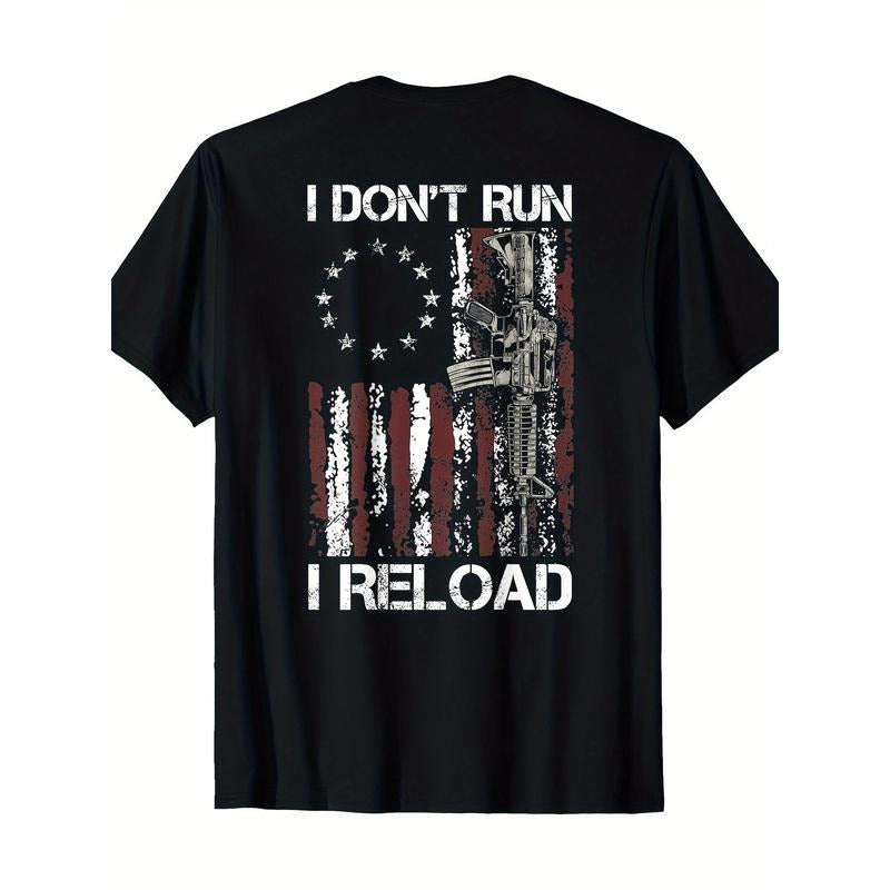[100% Cotton] Cotton Short Sleeve  T-Shirt Men's "I Don't Run, I Reload" American Flag Graphic T-Shirt - 100% Cotton,...