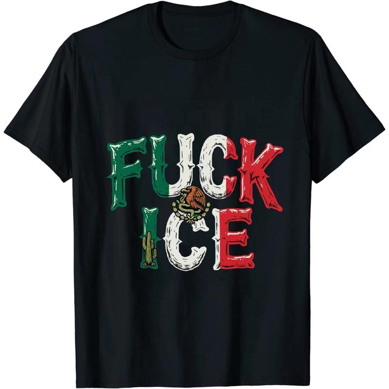 [100% Cotton] Fresh FXXK ICE Mexico Flag Look T - Shirt With Bold Anti ICE Declaration  Golf Gift T-Shirt For Men and...